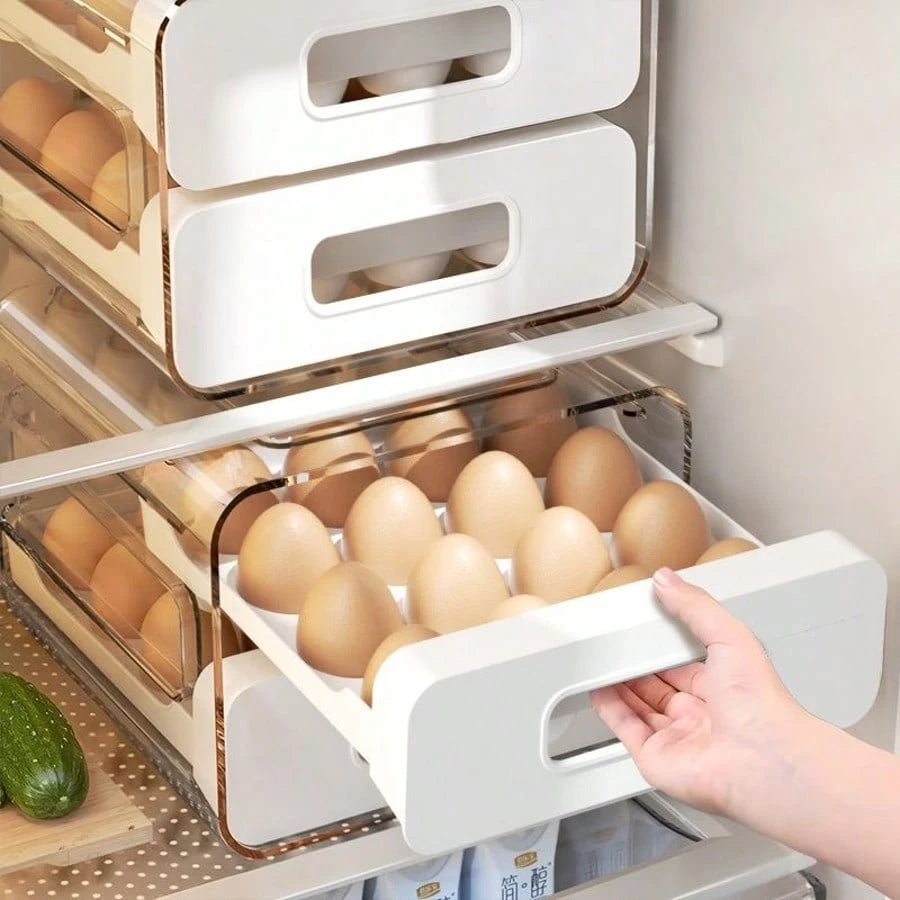 Egg Storage For Refrigerator, Egg Holder For Kitchen Countertop, PET & PP Egg Container For Fridge, Egg Dispenser For 32 Eggs, Double Layer, 16 Eggs Per Layer (White)