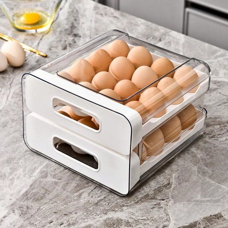 Egg Storage For Refrigerator, Egg Holder For Kitchen Countertop, PET & PP Egg Container For Fridge, Egg Dispenser For 32 Eggs, Double Layer, 16 Eggs Per Layer (White)