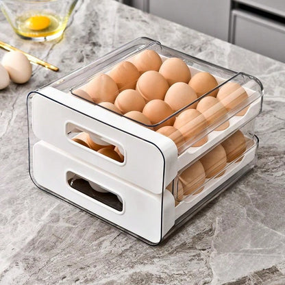 Egg Storage For Refrigerator, Egg Holder For Kitchen Countertop, PET & PP Egg Container For Fridge, Egg Dispenser For 32 Eggs, Double Layer, 16 Eggs Per Layer (White)