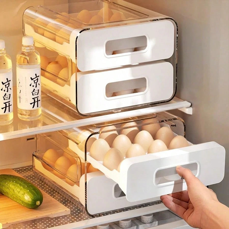 Egg Storage For Refrigerator, Egg Holder For Kitchen Countertop, PET & PP Egg Container For Fridge, Egg Dispenser For 32 Eggs, Double Layer, 16 Eggs Per Layer (White)