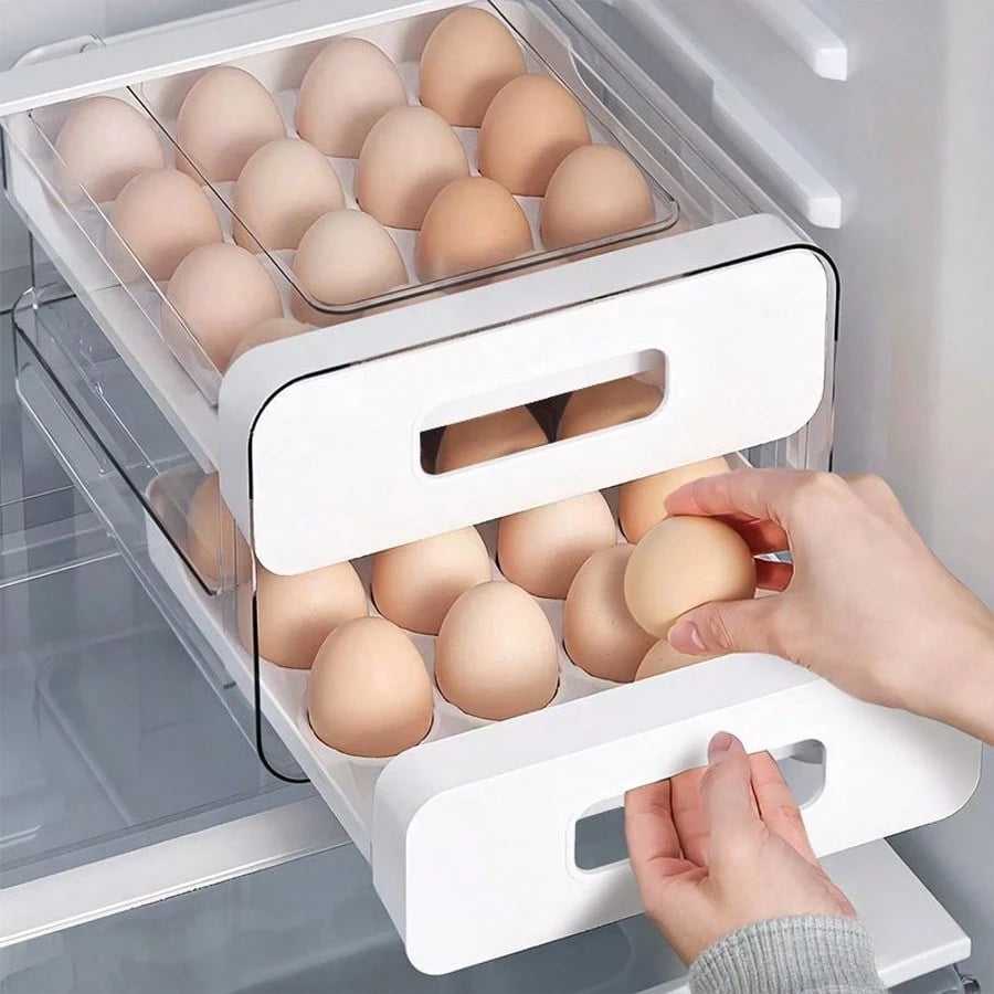 Egg Storage For Refrigerator, Egg Holder For Kitchen Countertop, PET & PP Egg Container For Fridge, Egg Dispenser For 32 Eggs, Double Layer, 16 Eggs Per Layer (White)
