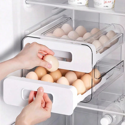 Egg Storage For Refrigerator, Egg Holder For Kitchen Countertop, PET & PP Egg Container For Fridge, Egg Dispenser For 32 Eggs, Double Layer, 16 Eggs Per Layer (White)