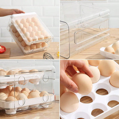Egg Storage For Refrigerator, Egg Holder For Kitchen Countertop, PET & PP Egg Container For Fridge, Egg Dispenser For 32 Eggs, Double Layer, 16 Eggs Per Layer (White)