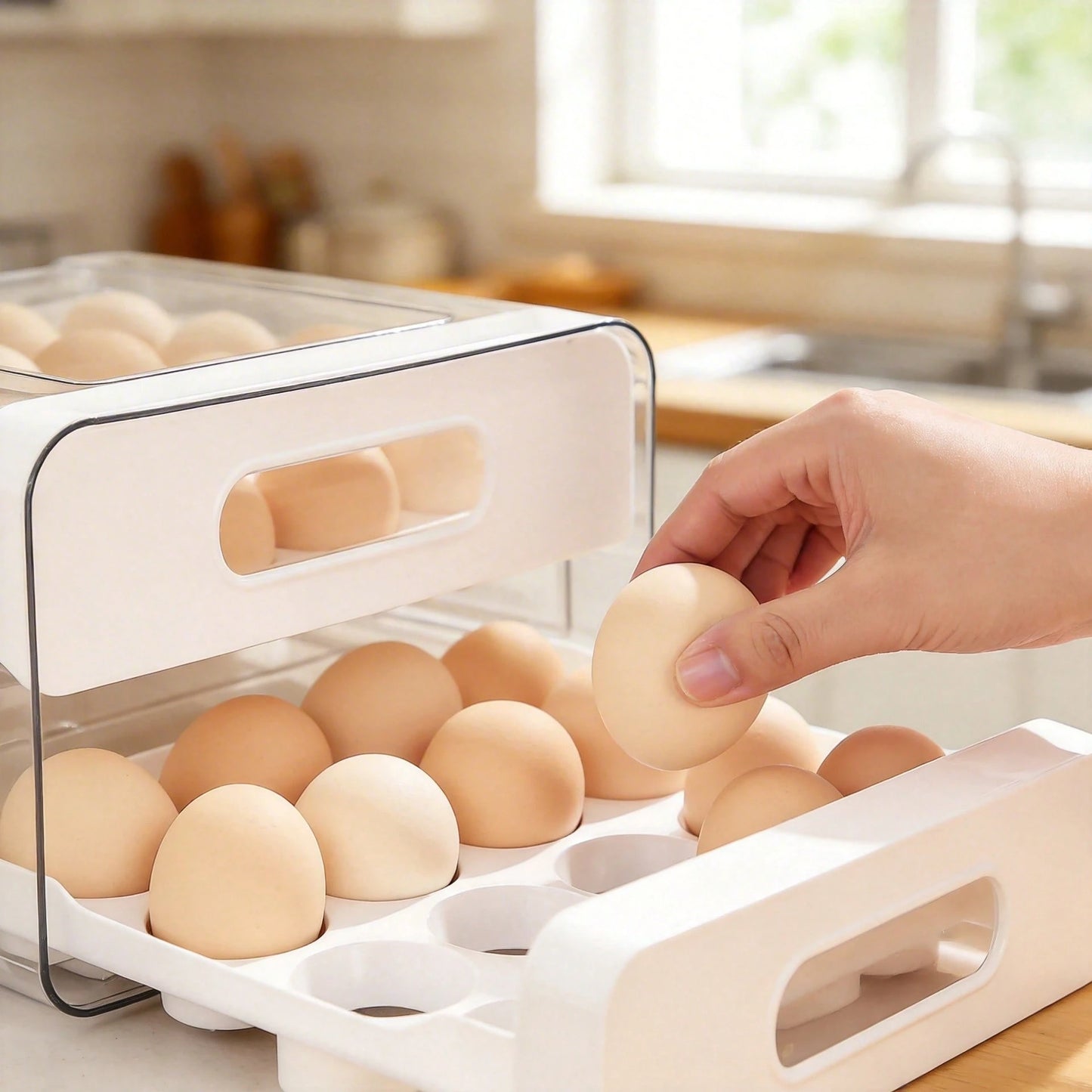 Egg Storage For Refrigerator, Egg Holder For Kitchen Countertop, PET & PP Egg Container For Fridge, Egg Dispenser For 32 Eggs, Double Layer, 16 Eggs Per Layer (White)