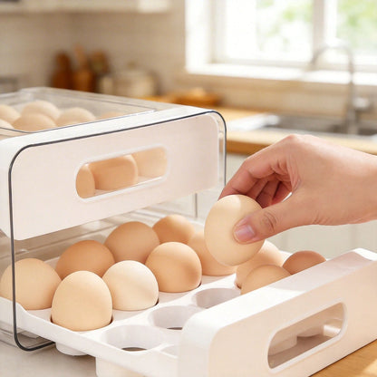 Egg Storage For Refrigerator, Egg Holder For Kitchen Countertop, PET & PP Egg Container For Fridge, Egg Dispenser For 32 Eggs, Double Layer, 16 Eggs Per Layer (White)