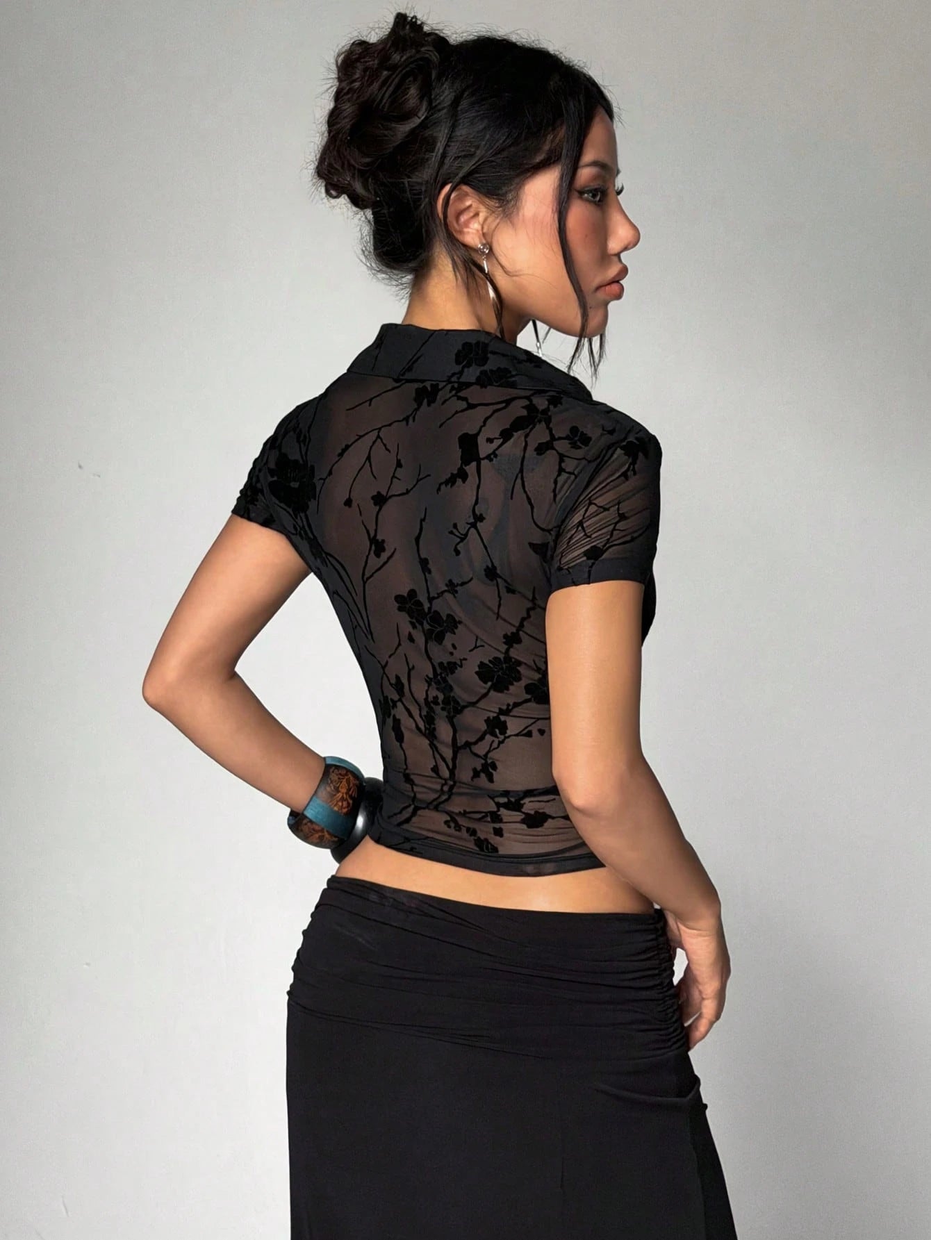 EgrlEra Flocked Burnout Hollow-Out Sheer Sexy Blouse