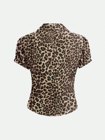 Elamini V-Neck Ruched Cutout Waist Fitted Short Sleeve Blouse, Fashionable Office Wear For Women Shirt