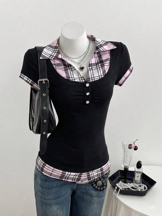 Elamini Women's Summer Casual Plaid Patchwork Shirt Collar 2 In 1 Short Sleeve Slim Fit T-Shirt