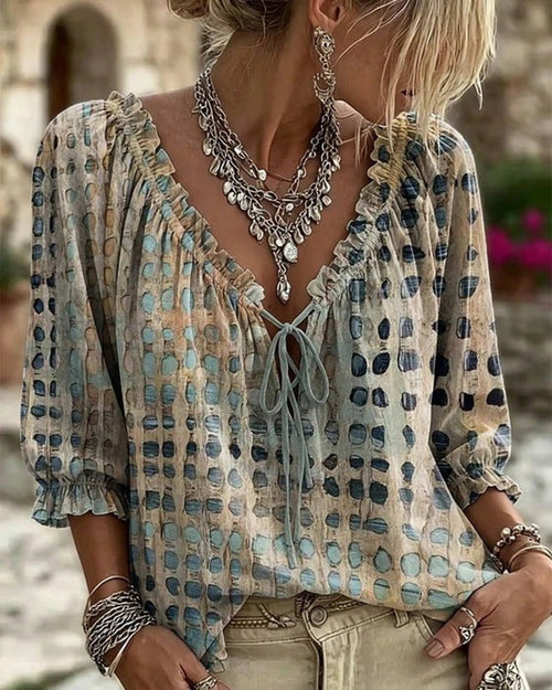 Elegant And Stylish Abstract Geometric Polka Dot Drawstring Ruffle Edge Top