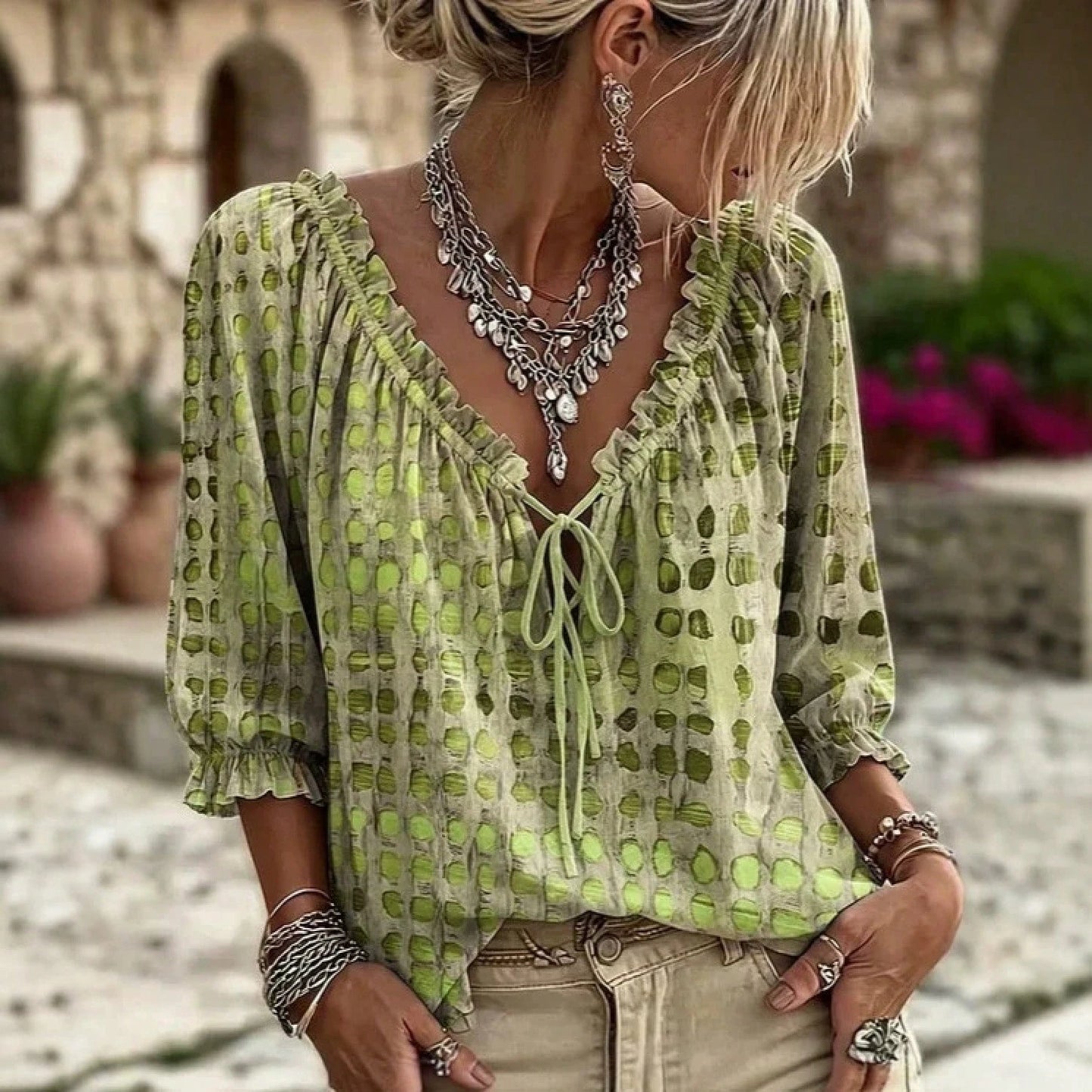 Elegant And Stylish Abstract Geometric Polka Dot Drawstring Ruffle Edge Top