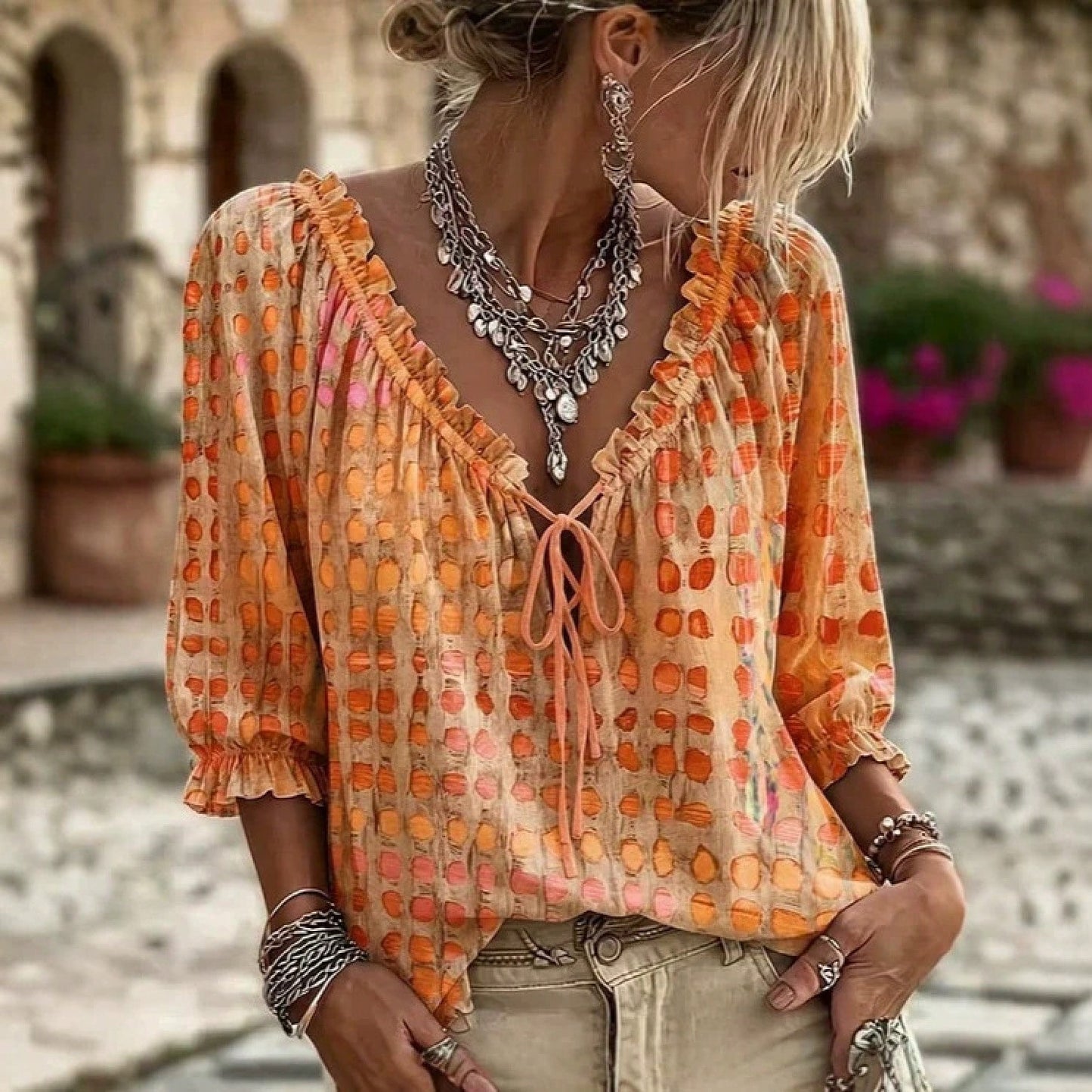 Elegant And Stylish Abstract Geometric Polka Dot Drawstring Ruffle Edge Top
