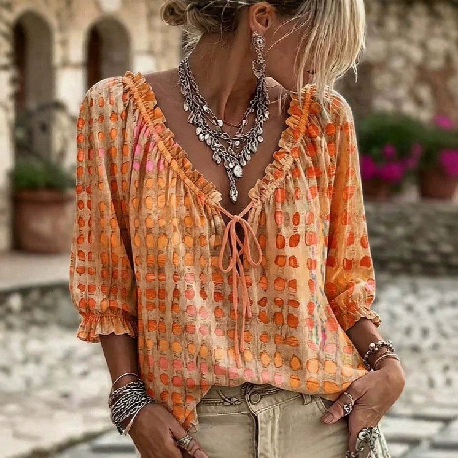 Elegant And Stylish Abstract Geometric Polka Dot Drawstring Ruffle Edge Top