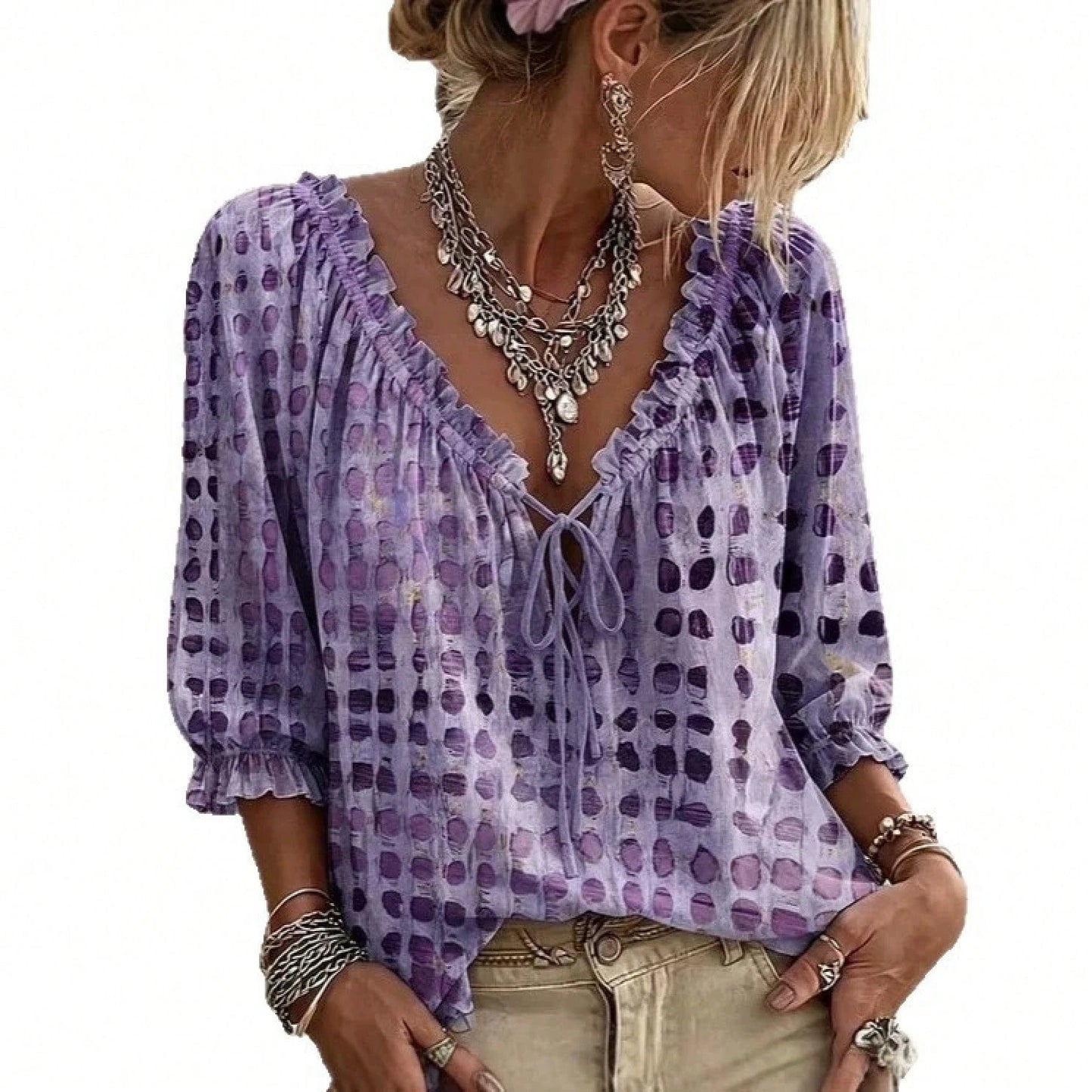Elegant And Stylish Abstract Geometric Polka Dot Drawstring Ruffle Edge Top