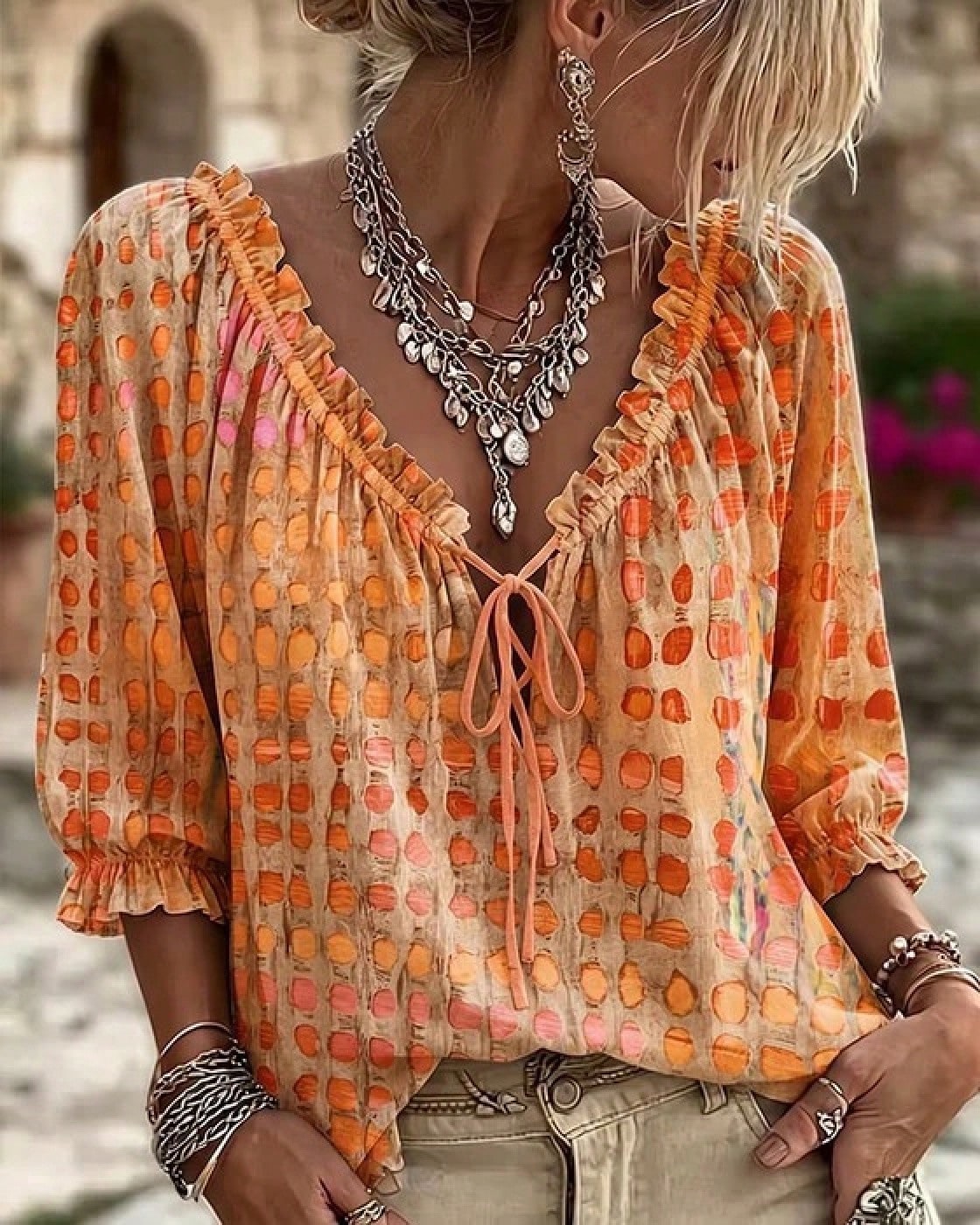 Elegant And Stylish Abstract Geometric Polka Dot Drawstring Ruffle Edge Top