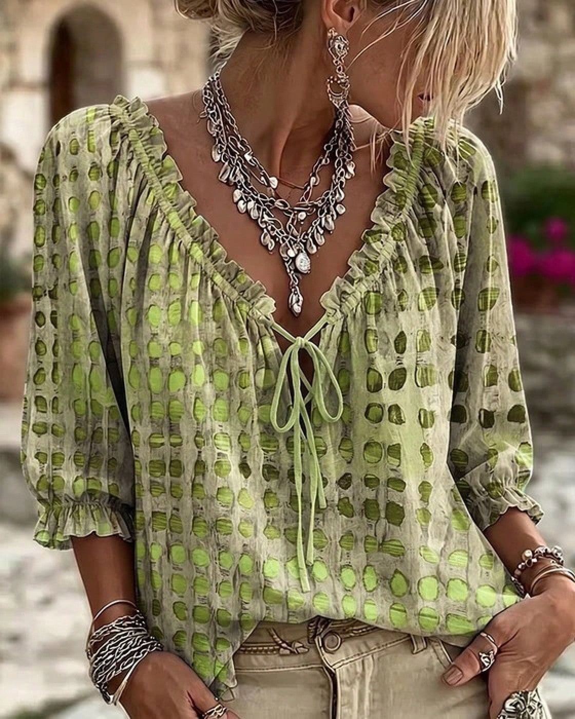 Elegant And Stylish Abstract Geometric Polka Dot Drawstring Ruffle Edge Top