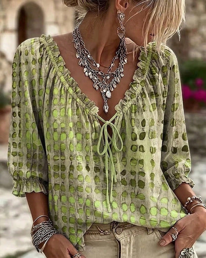 Elegant And Stylish Abstract Geometric Polka Dot Drawstring Ruffle Edge Top