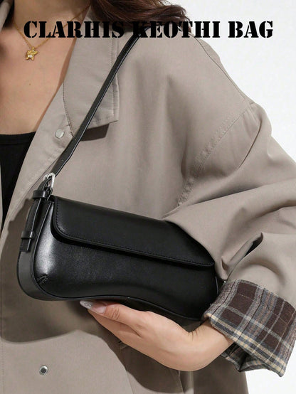 Elegant Black Shoulder Purse Sleek Structured Bag Smooth Leather Texture, Simple Flap Closure And Modern Shape For Travel And Everyday Outfits