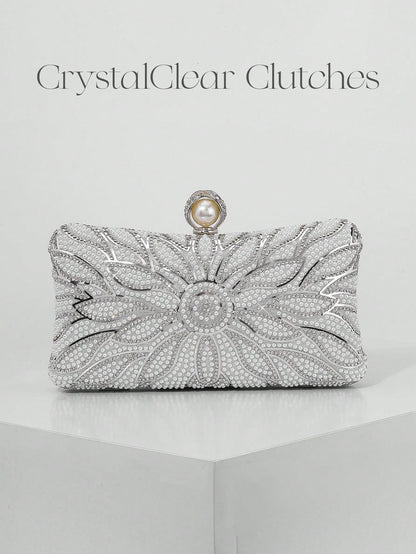 Elegant Faux Pearl Box Clutch Bag, Romantic Wedding Party Purse With Luxury Rhinestone Decor, Formal Event Shoulder Bag For Bride