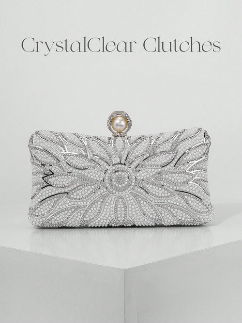 Elegant Faux Pearl Box Clutch Bag, Romantic Wedding Party Purse With Luxury Rhinestone Decor, Formal Event Shoulder Bag For Bride