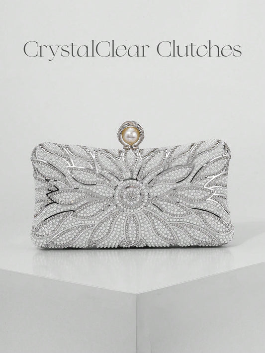 Elegant Faux Pearl Box Clutch Bag, Romantic Wedding Party Purse With Luxury Rhinestone Decor, Formal Event Shoulder Bag For Bride