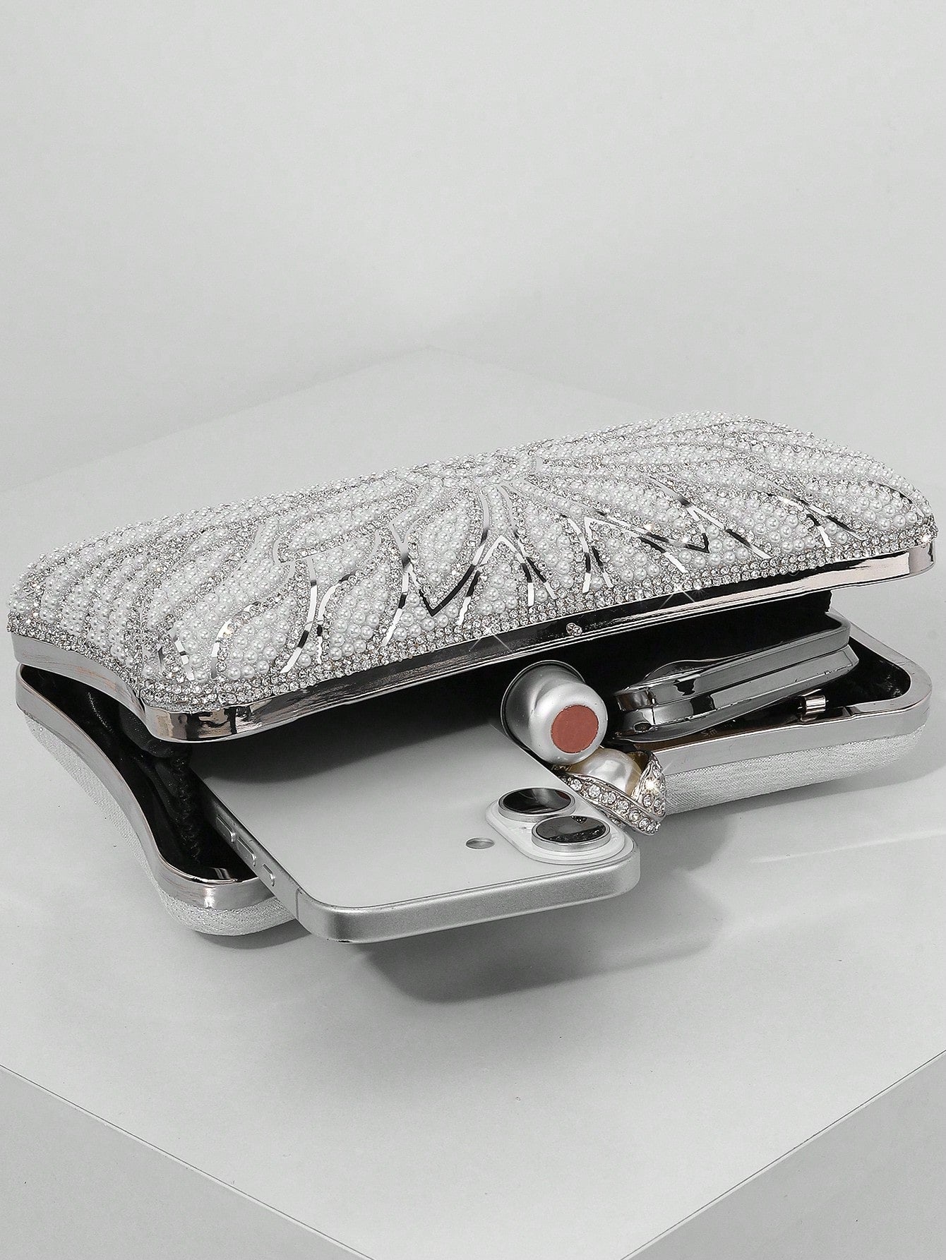 Elegant Faux Pearl Box Clutch Bag, Romantic Wedding Party Purse With Luxury Rhinestone Decor, Formal Event Shoulder Bag For Bride