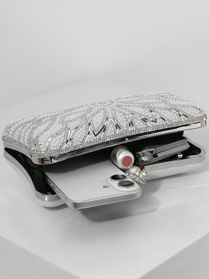 Elegant Faux Pearl Box Clutch Bag, Romantic Wedding Party Purse With Luxury Rhinestone Decor, Formal Event Shoulder Bag For Bride