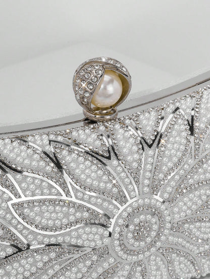 Elegant Faux Pearl Box Clutch Bag, Romantic Wedding Party Purse With Luxury Rhinestone Decor, Formal Event Shoulder Bag For Bride
