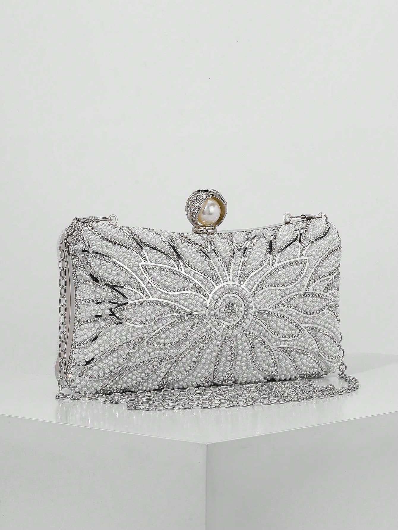 Elegant Faux Pearl Box Clutch Bag, Romantic Wedding Party Purse With Luxury Rhinestone Decor, Formal Event Shoulder Bag For Bride