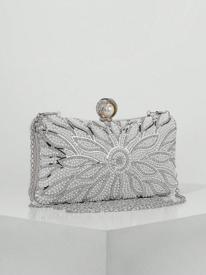 Elegant Faux Pearl Box Clutch Bag, Romantic Wedding Party Purse With Luxury Rhinestone Decor, Formal Event Shoulder Bag For Bride