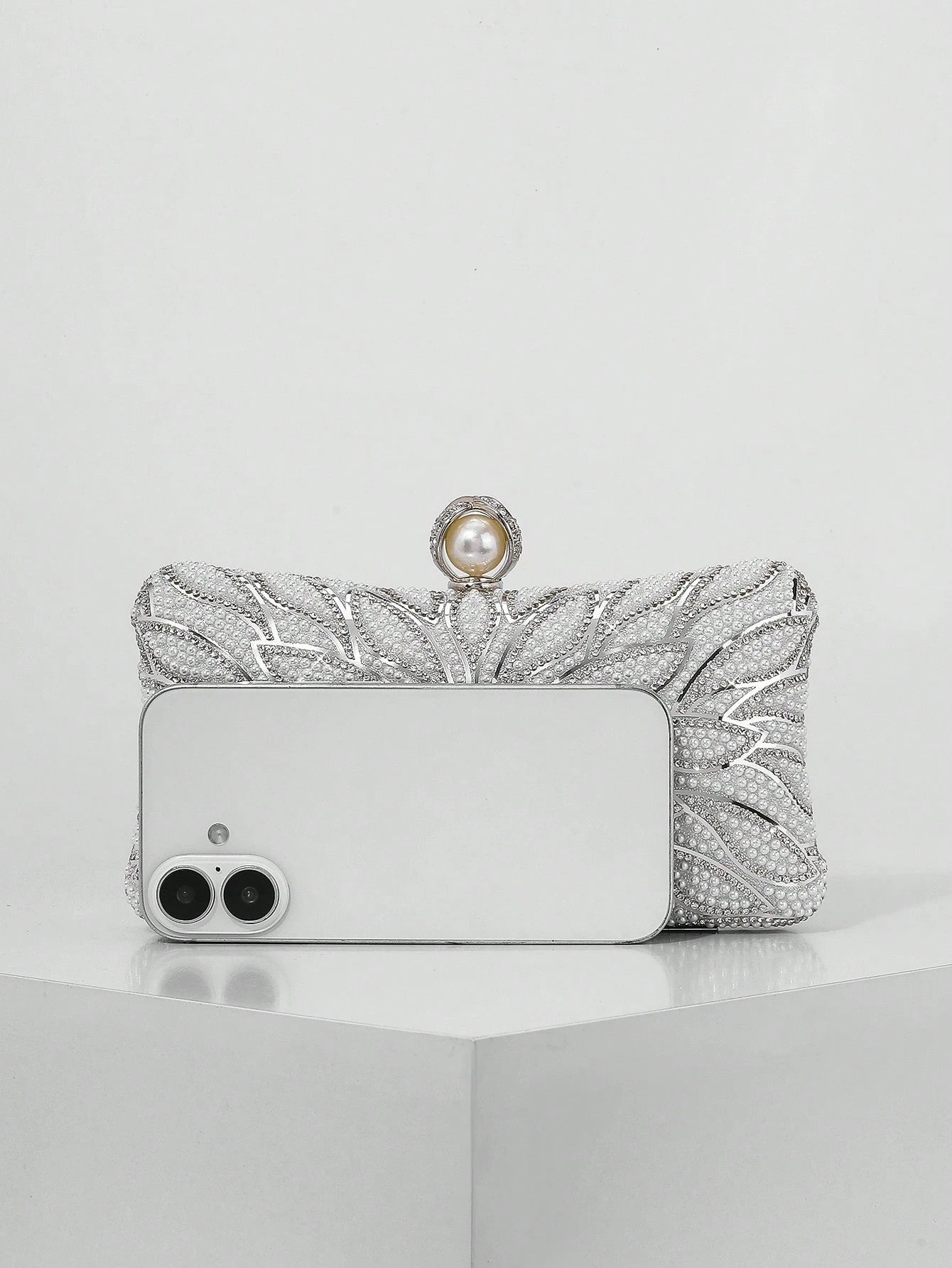 Elegant Faux Pearl Box Clutch Bag, Romantic Wedding Party Purse With Luxury Rhinestone Decor, Formal Event Shoulder Bag For Bride