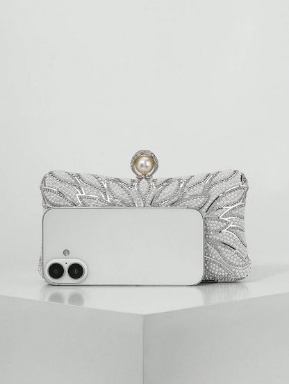 Elegant Faux Pearl Box Clutch Bag, Romantic Wedding Party Purse With Luxury Rhinestone Decor, Formal Event Shoulder Bag For Bride
