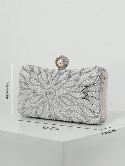 Elegant Faux Pearl Box Clutch Bag, Romantic Wedding Party Purse With Luxury Rhinestone Decor, Formal Event Shoulder Bag For Bride