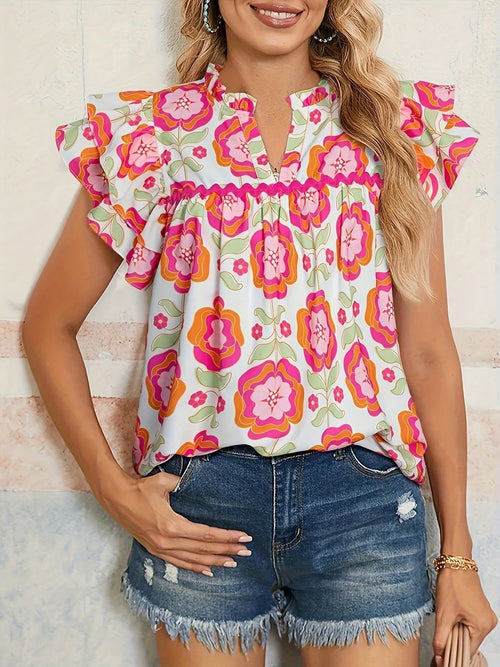 Elegant Floral V-Neck Blouse With Ruffle Sleeves And Bow Details- Lightweight Polyester, Opaque, Machine Washable- Spring/Summer Essential, Vibrant Pink, Green And Orange Floral Print Women's Clothi