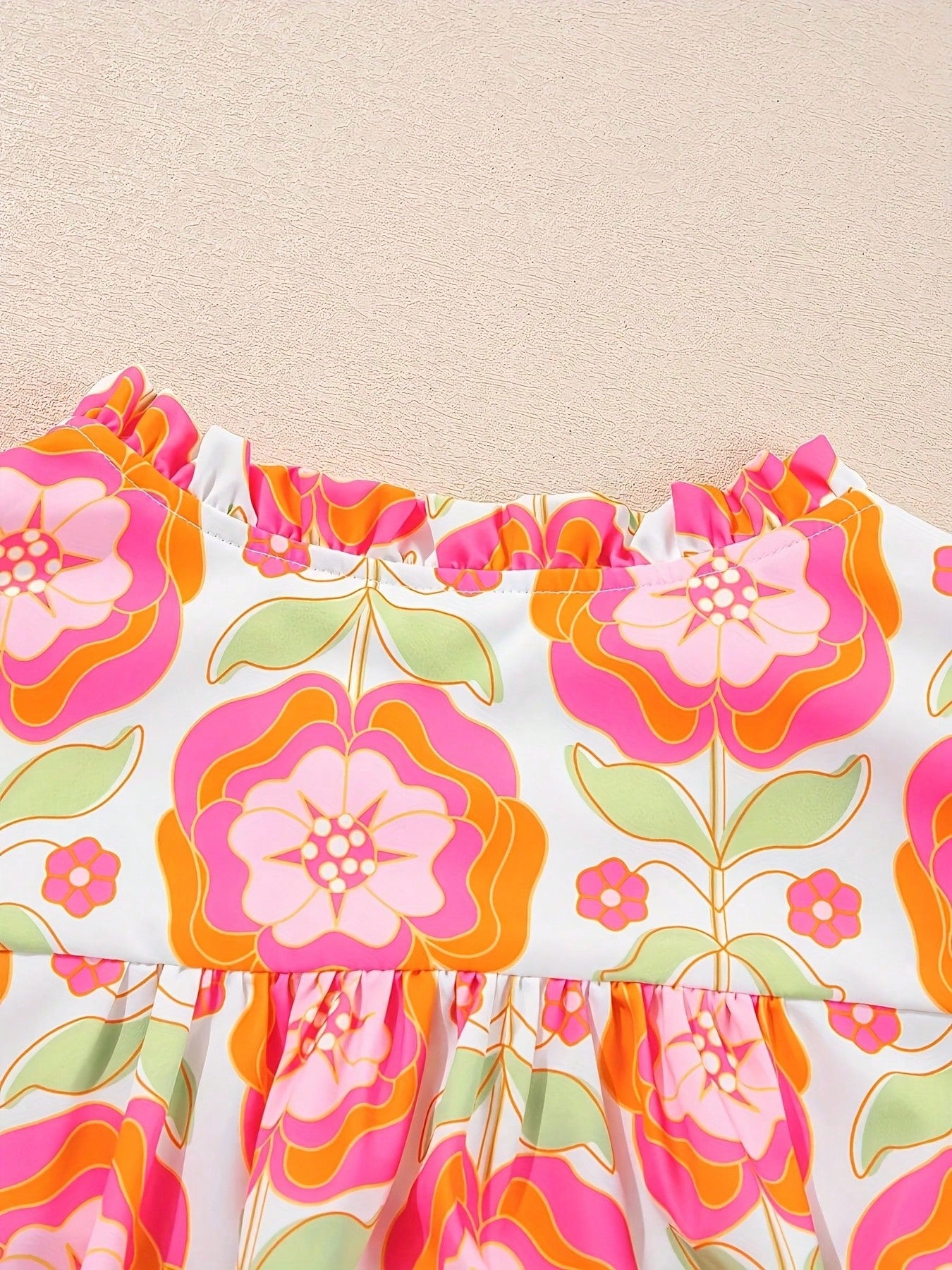 Elegant Floral V-Neck Blouse With Ruffle Sleeves And Bow Details- Lightweight Polyester, Opaque, Machine Washable- Spring/Summer Essential, Vibrant Pink, Green And Orange Floral Print Women's Clothi