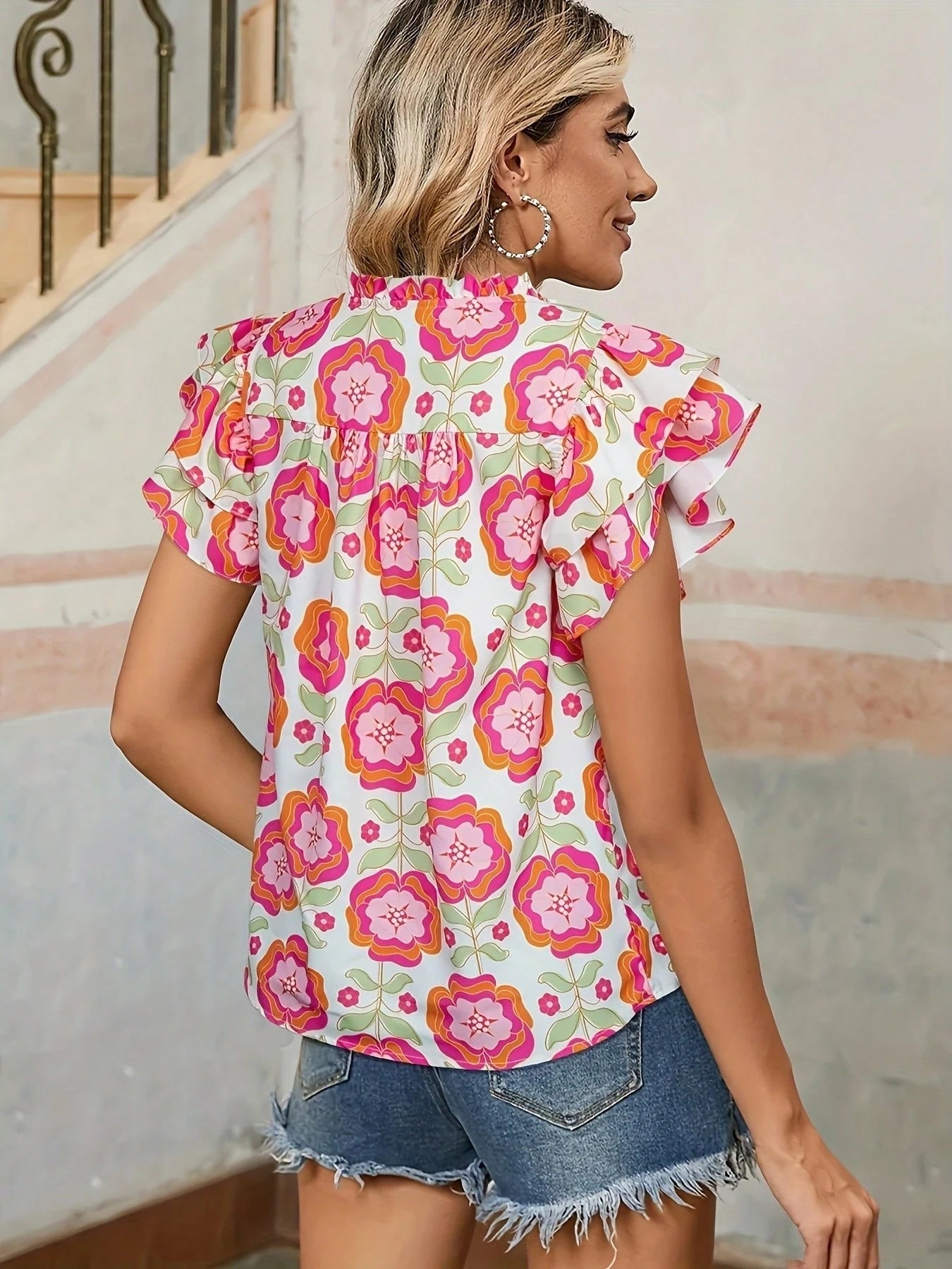 Elegant Floral V-Neck Blouse With Ruffle Sleeves And Bow Details- Lightweight Polyester, Opaque, Machine Washable- Spring/Summer Essential, Vibrant Pink, Green And Orange Floral Print Women's Clothi