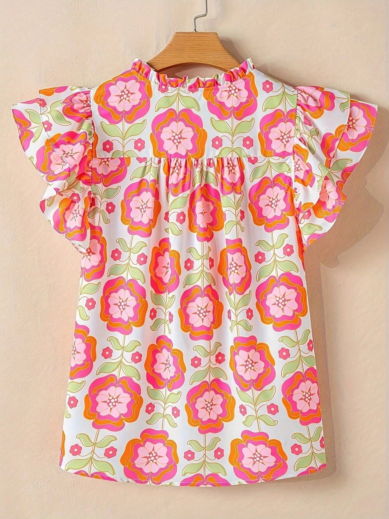 Elegant Floral V-Neck Blouse With Ruffle Sleeves And Bow Details- Lightweight Polyester, Opaque, Machine Washable- Spring/Summer Essential, Vibrant Pink, Green And Orange Floral Print Women's Clothi