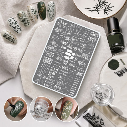 Elegant Ink Bamboo Pattern Nail Art Stamping Plate, Collection Of Dense Bamboo Branches, Long And Short Bamboo Leaves, Ancient Style Text Scroll And Stamp Elements, Organized Plate Layout For Easy Ima