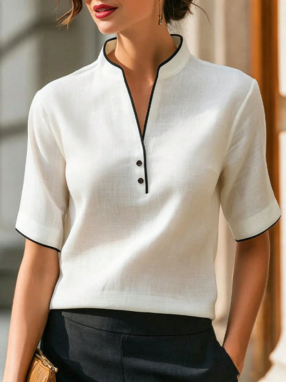 Elegant Vacation Shirt Black & White Color Block Small Stand Collar V-Neck Shirt White Shirt Summer Shirt Vacation Shirt Commuter Shirt Work Shirt Date Shirt Casual Shirt