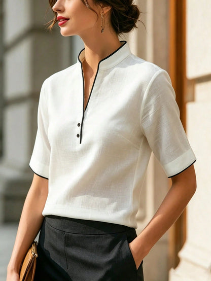 Elegant Vacation Shirt Black & White Color Block Small Stand Collar V-Neck Shirt White Shirt Summer Shirt Vacation Shirt Commuter Shirt Work Shirt Date Shirt Casual Shirt