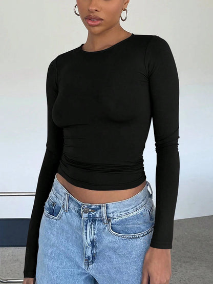 Elegant & Versatile Women's Solid Color Round Neck Long Sleeve Ruched Fitted T-Shirt, Suitable For Summer And Autumn/Winter Seasons Casual Black Spring