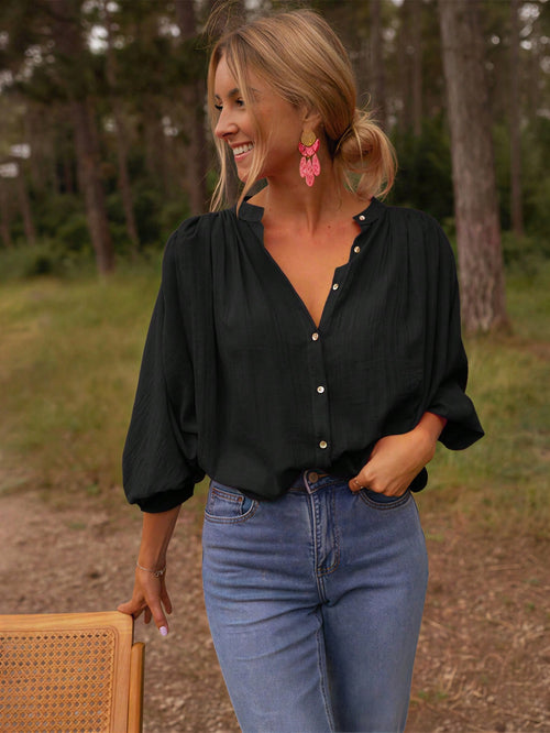 Elegant Women's Button-Down Blouse With Pleated Flare Sleeves, Loose Fit, Polyester Fabric, Casual Fashion Design, Classic Collar Design Black