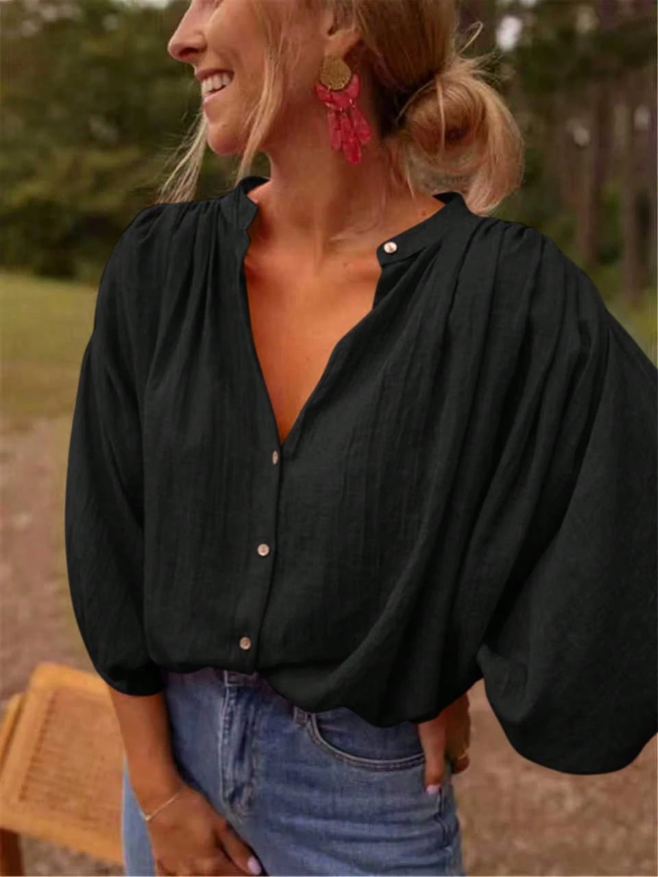 Elegant Women's Button-Down Blouse With Pleated Flare Sleeves, Loose Fit, Polyester Fabric, Casual Fashion Design, Classic Collar Design Black