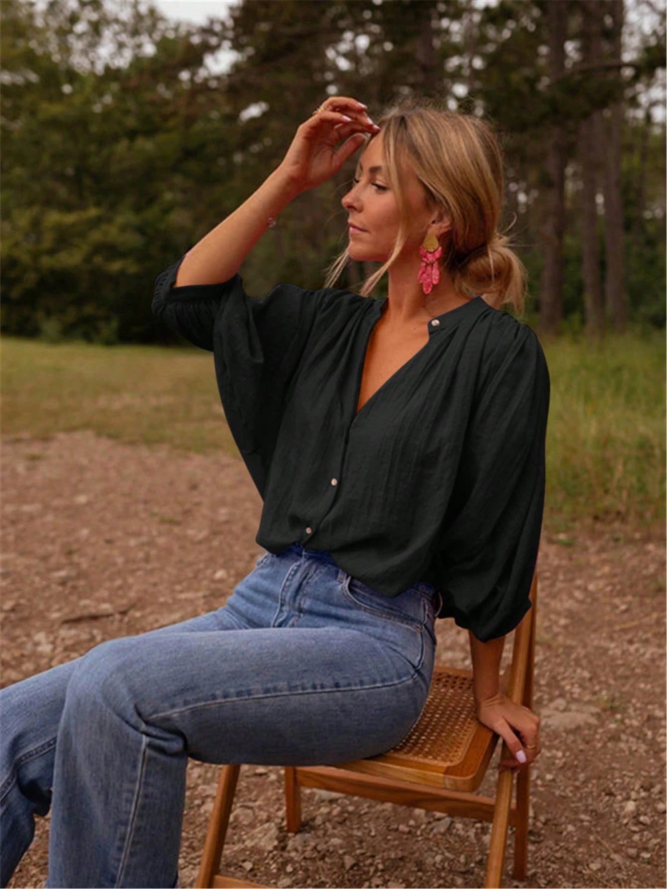 Elegant Women's Button-Down Blouse With Pleated Flare Sleeves, Loose Fit, Polyester Fabric, Casual Fashion Design, Classic Collar Design Black