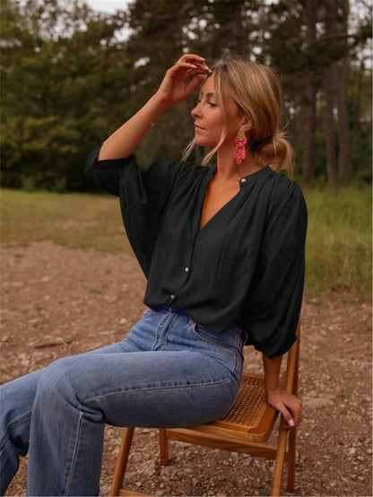 Elegant Women's Button-Down Blouse With Pleated Flare Sleeves, Loose Fit, Polyester Fabric, Casual Fashion Design, Classic Collar Design Black