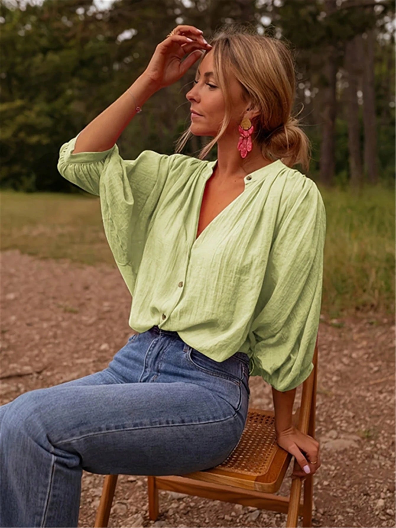 Elegant Women's Button-Down Blouse With Pleated Flare Sleeves, Loose Fit, Polyester Fabric, Casual Fashion Design, Classic Collar Design Black