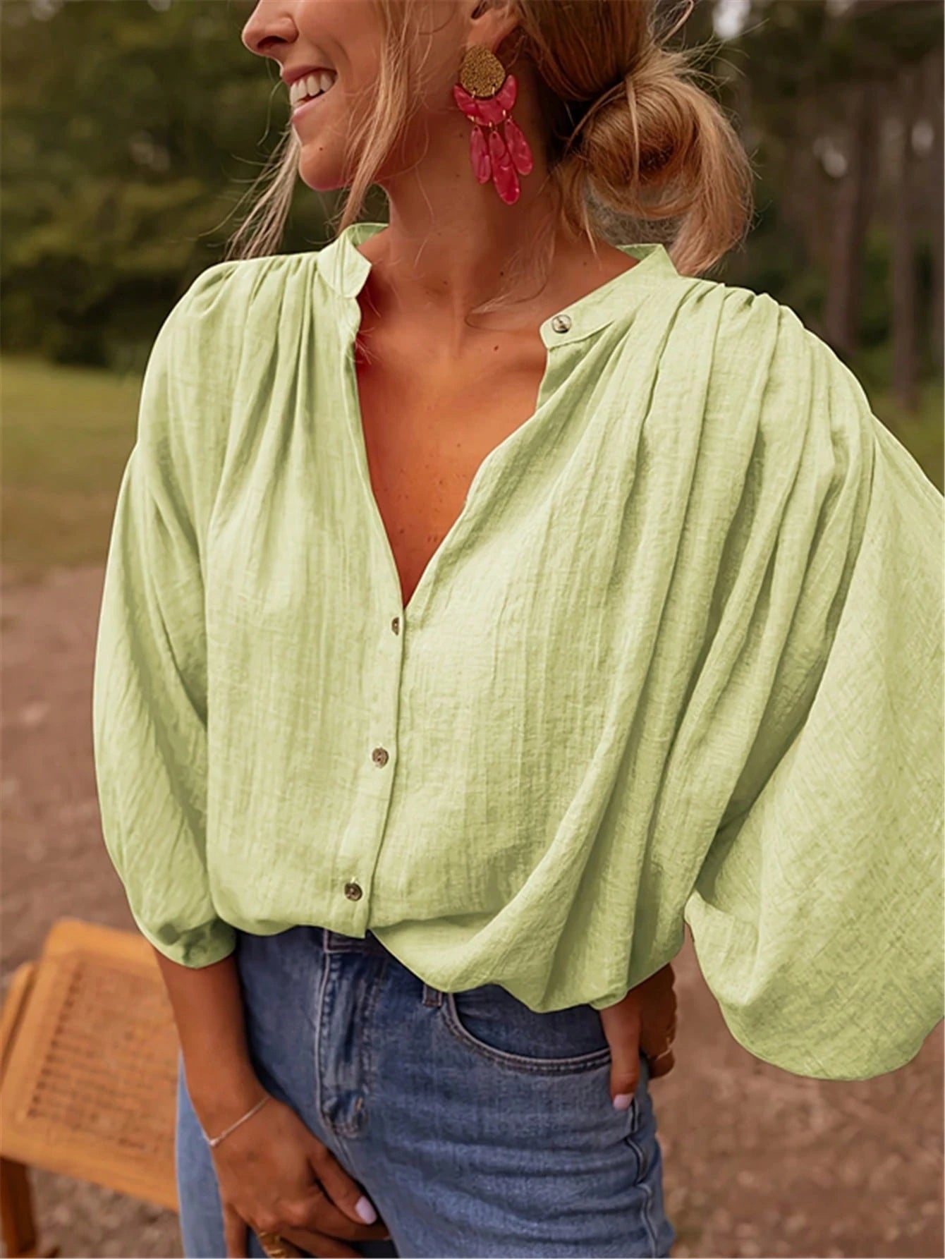 Elegant Women's Button-Down Blouse With Pleated Flare Sleeves, Loose Fit, Polyester Fabric, Casual Fashion Design, Classic Collar Design Black