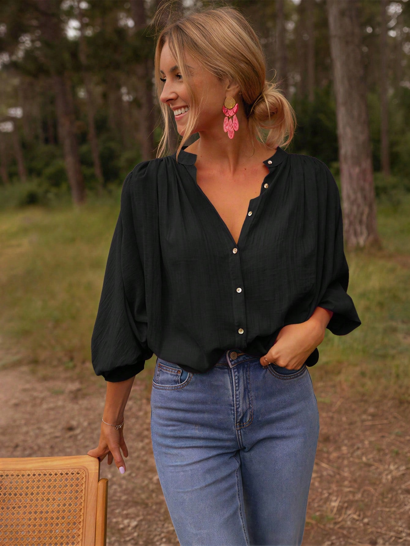 Elegant Women's Button-Down Blouse With Pleated Flare Sleeves, Loose Fit, Polyester Fabric, Casual Fashion Design, Classic Collar Design Black
