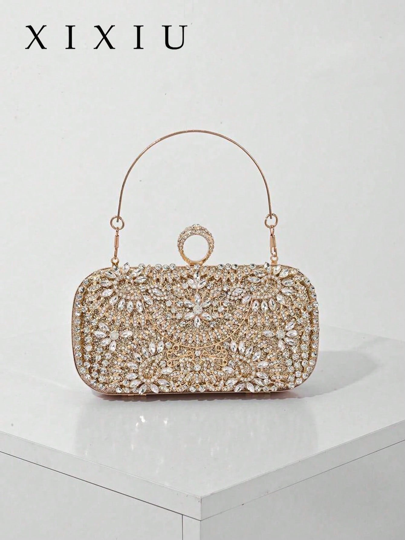 Elegant Women's Crystal Decorated Evening Clutch, Luxury Glittering Box-Shape Handbag Suitable For Weddings, Galas, Formal Events, Party Purse, Women's Top Handle, Shoulder, Crossbody Bag, Perfectly M