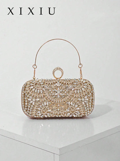 Elegant Women's Crystal Decorated Evening Clutch, Luxury Glittering Box-Shape Handbag Suitable For Weddings, Galas, Formal Events, Party Purse, Women's Top Handle, Shoulder, Crossbody Bag, Perfectly M