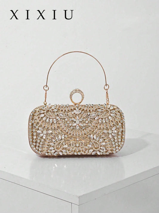 Elegant Women's Crystal Decorated Evening Clutch, Luxury Glittering Box-Shape Handbag Suitable For Weddings, Galas, Formal Events, Party Purse, Women's Top Handle, Shoulder, Crossbody Bag, Perfectly M